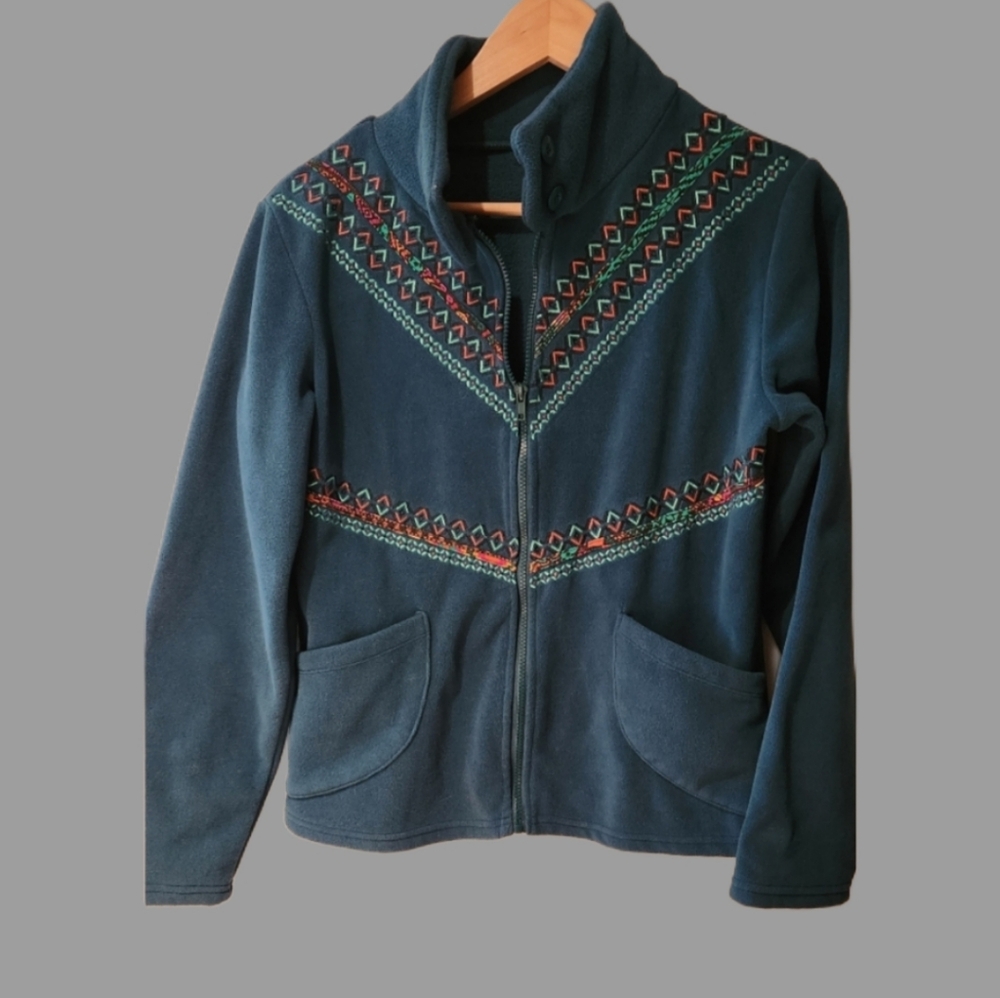 90s Coline‎ Medium Teal Embroidered Zipper/buttons Fleecy Sweatshirt